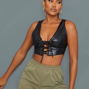 Black Faux Leather Lace Front Crop Top